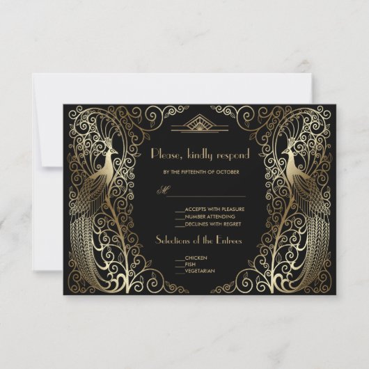 Glam Gold Art Deco Peacocks Senior Wedding RSVP (Vorderseite)