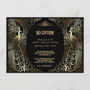 Glam Gold Art Deco Pfauen Hochzeitsempfang Einladung