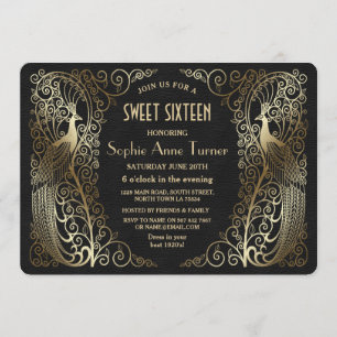 Glam Gold Art Deco Pfauen Sweet Sixteen Party Einladung