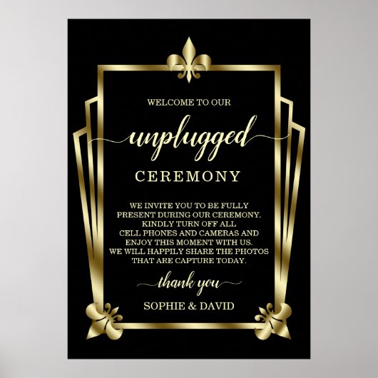 Glam Gold Art Deco Unplugged Wedding Zeremony Sign Poster (Vorne)