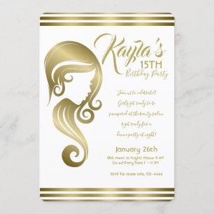 Glam Gold Beauty Girl Frisur & Make-up Salon Party Einladung