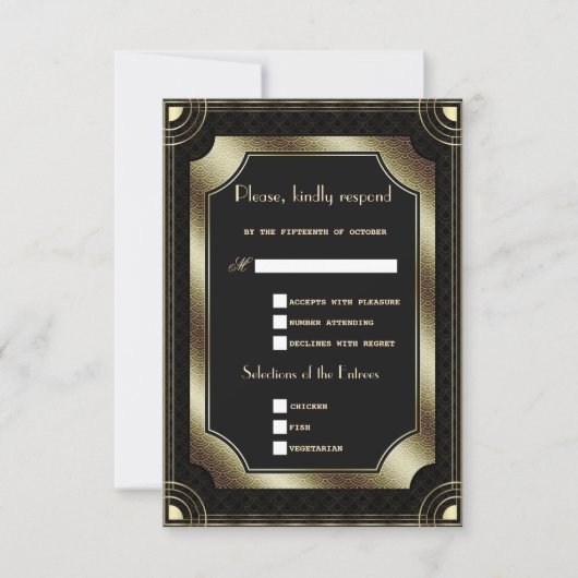 Glam Gold Black Great Art Deco Hochzeit RSVP Karte (Vorderseite)