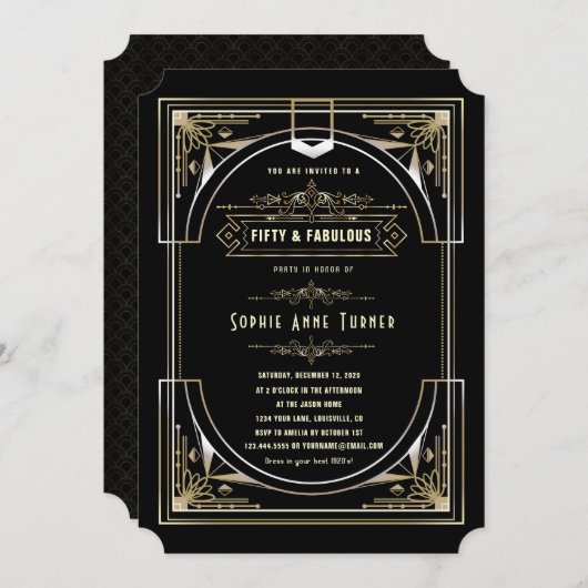 Glam Gold Black Great Gatsby 50 und fabelhaft Einladung (Vorne/Hinten)