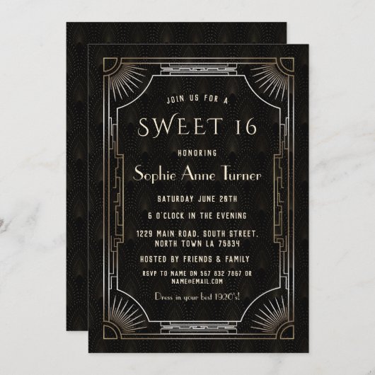 Glam Gold Black Great Gatsby Art Deco 20s SWEET 16 Einladung (Vorne/Hinten)