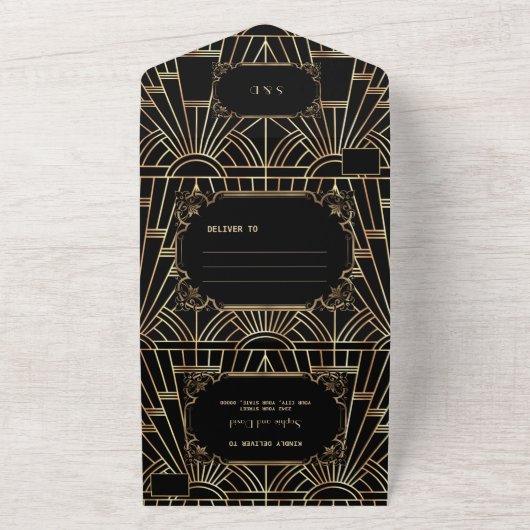 Glam Gold Black Great Gatsby Art Deco Hochzeit All In One Einladung (Außenbereich)