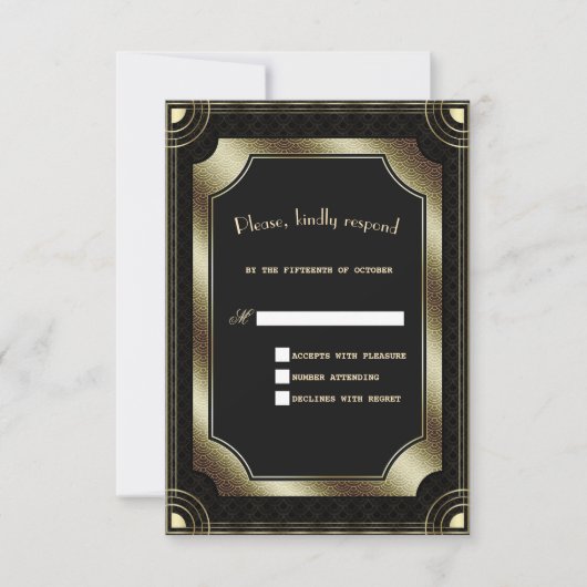 Glam Gold Black Great Gatsby Art Deco Hochzeit RSVP Karte (Vorderseite)