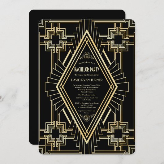 Glam Gold Black Great Gatsby Bachelor Party Einladung (Vorne/Hinten)