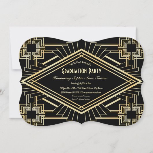 Glam Gold Black Great Gatsby Graduation Party Einladung (Vorderseite)