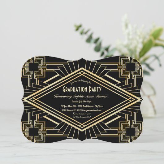 Glam Gold Black Great Gatsby Graduation Party Einladung (Stehend Vorderseite)