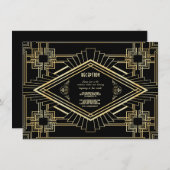 Glam Gold Black Great Gatsby Hochzeitsempfang Einladung (Vorne/Hinten)
