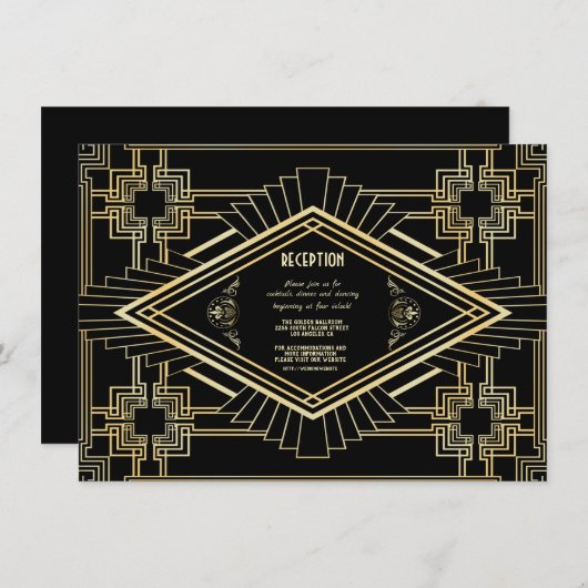 Glam Gold Black Great Gatsby Hochzeitsempfang Einladung (Vorne/Hinten)
