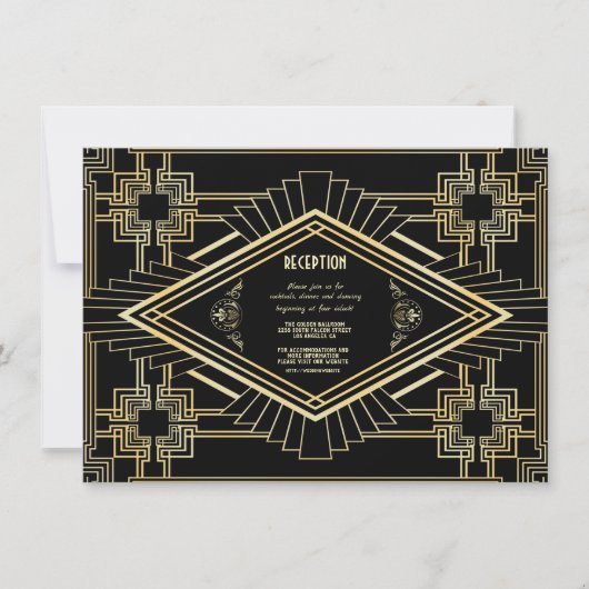 Glam Gold Black Great Gatsby Hochzeitsempfang Einladung (Vorderseite)