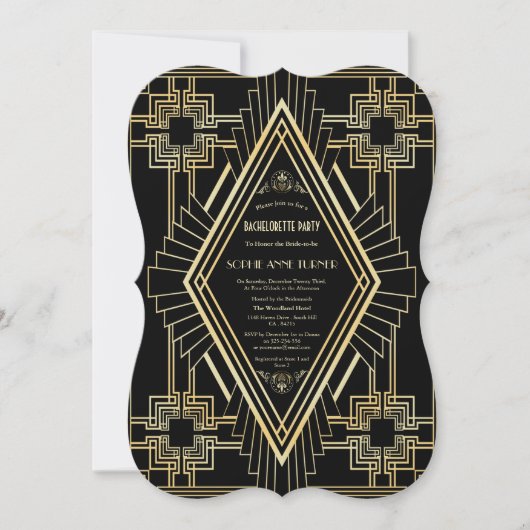 Glam Gold Black Great Gatsby Junggeselinnen-Abschi Einladung (Vorderseite)