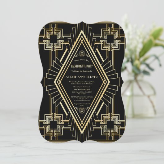 Glam Gold Black Great Gatsby Junggeselinnen-Abschi Einladung (Stehend Vorderseite)