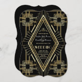 Glam Gold Black Great Gatsby Wedding Einladung (Vorne/Hinten)
