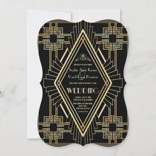 Glam Gold Black Great Gatsby Wedding Einladung (Vorderseite)