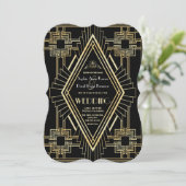 Glam Gold Black Great Gatsby Wedding Einladung (Stehend Vorderseite)