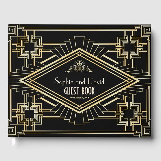 Glam Gold Black Great Gatsby Wedding Gästebuch (Vorderseite)