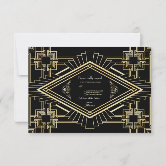 Glam Gold Black Great Gatsby Wedding RSVP (Vorderseite)