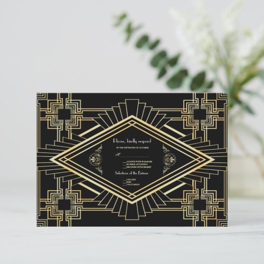 Glam Gold Black Great Gatsby Wedding RSVP (Stehend Vorderseite)