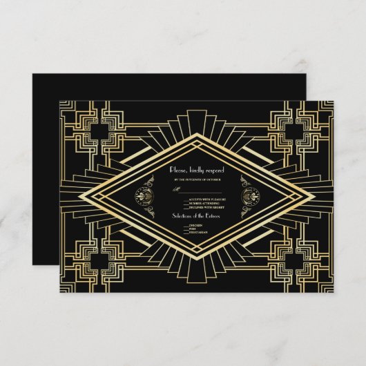 Glam Gold Black Great Gatsby Wedding RSVP (Vorne/Hinten)
