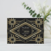 Glam Gold Black Great Gatsby Wedding RSVP Karte (Stehend Vorderseite)