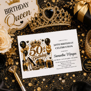 Glam Gold Black Konfetti 50. Geburtstagsfeier Einladung