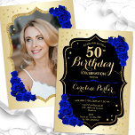 Glam Gold Black Royal Blue Foto 50. Geburtstag Einladung<br><div class="desc">Elegante florale feminine 50. Geburtstagseinladung mit Ihrem Foto auf der Kartenrückseite. Glam-Design mit Imitat Gold. Enthält königsblaue Rose,  Skript-Schriftart und Konfetti. Ideal für ein stilvolles Party für Erwachsene. Personalisieren Sie Ihre persönlichen Daten. Kann für jedes Alter angepasst werden! Gedruckte Zazzle Einladungen oder Sofortdownload digitalen druckbaren Vorlage.</div>