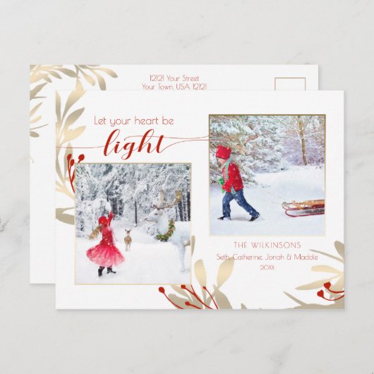 Glam Gold Blätter & Script 2-Foto-Urlaub Postkarte (Vorne/Hinten)