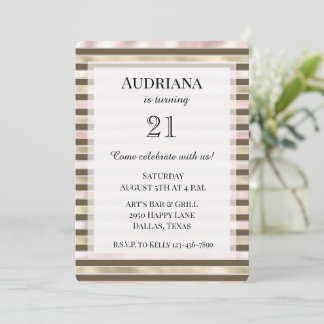 Glam Gold Blush Pink Brown Streifen Geburtstag Einladung