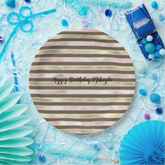 Glam Gold Blush Pink Brown Streifen Pappteller (Party)