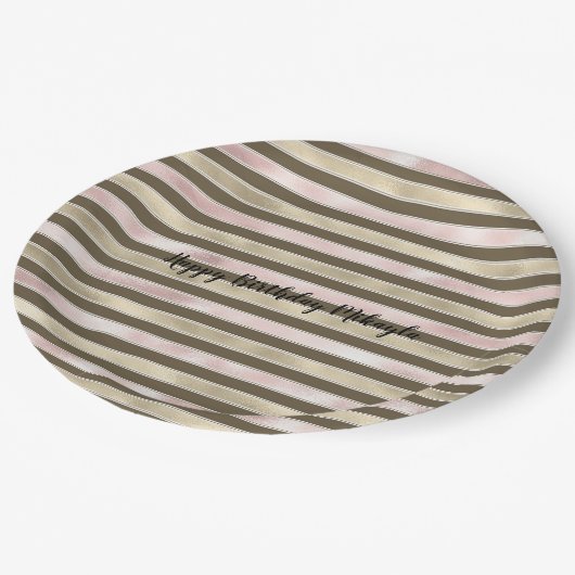 Glam Gold Blush Pink Brown Streifen Pappteller (Schrägansicht)