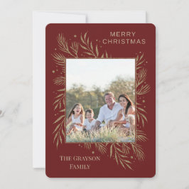 Glam Gold Botanische Maroon Foto-Karte Feiertagskarte