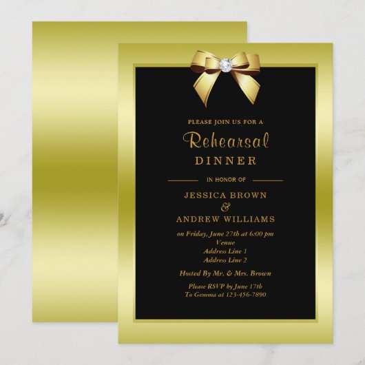 Glam Gold Bow & Black Probe Dinner Einladung (Vorne/Hinten)