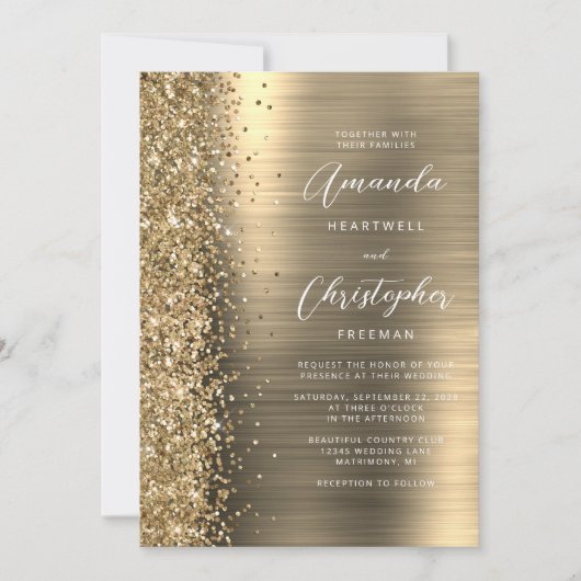Glam Gold Brushed Metal QR Code Wedding Einladung (Vorderseite)