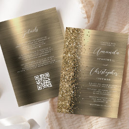 Glam Gold Brushed Metal QR Code Wedding Einladung