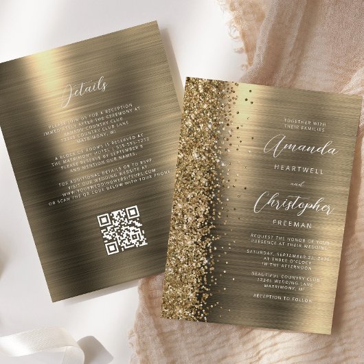 Glam Gold Brushed Metal QR Code Wedding Einladung