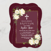 Glam Gold Burgundy White Floral Baptisse Einladung (Vorne/Hinten)
