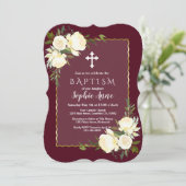 Glam Gold Burgundy White Floral Baptisse Einladung (Stehend Vorderseite)