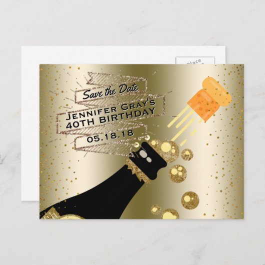 Glam Gold Champagne Save the Date Elegant Geburtst Ankündigungspostkarte (Vorne/Hinten)