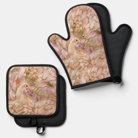 Glam Gold Chic Pink Peacock Ofenhandschuh & Topflappen-Set (Vorderseite/Rückseite)