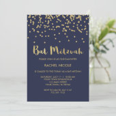 Glam Gold Confetti Bat Mitzvah in Midnight Blue Einladung (Stehend Vorderseite)