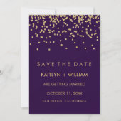 Glam Gold Confetti und Deep Lila Save the Date (Vorderseite)
