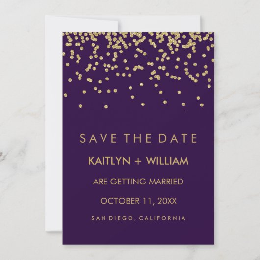 Glam Gold Confetti und Deep Lila Save the Date (Vorderseite)