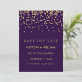 Glam Gold Confetti und Deep Lila Save the Date (Stehend Vorderseite)