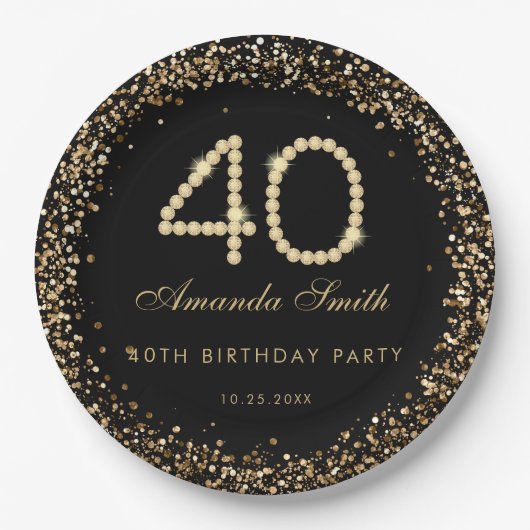 Glam Gold Diamonds 40th Birthday Party Paper Plate Pappteller (Vorderseite)