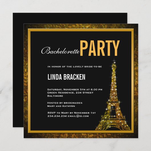 Glam Gold Eiffel Tower Bachelorette Einladung (Vorne/Hinten)