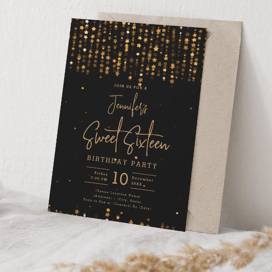 Glam Gold Falling Stars Sweet 16 Party Einladung