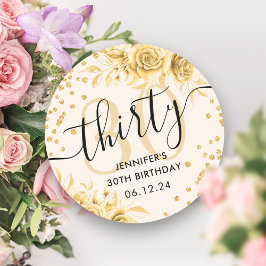 Glam Gold Floral Glitzer 30. Geburtstagsschrift Runder Aufkleber