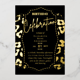 Glam Gold Foil Animal Print Girl Black Birthday Folieneinladung